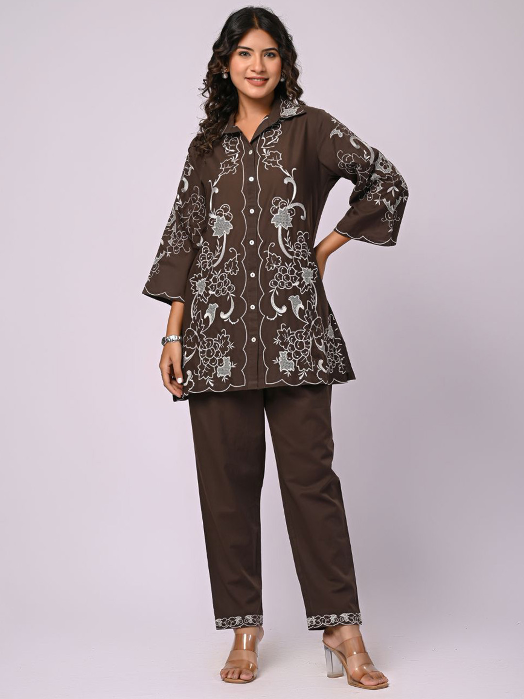 Zolo Label Embroidered Shirt Style Tunic With Trousers Co-Ords