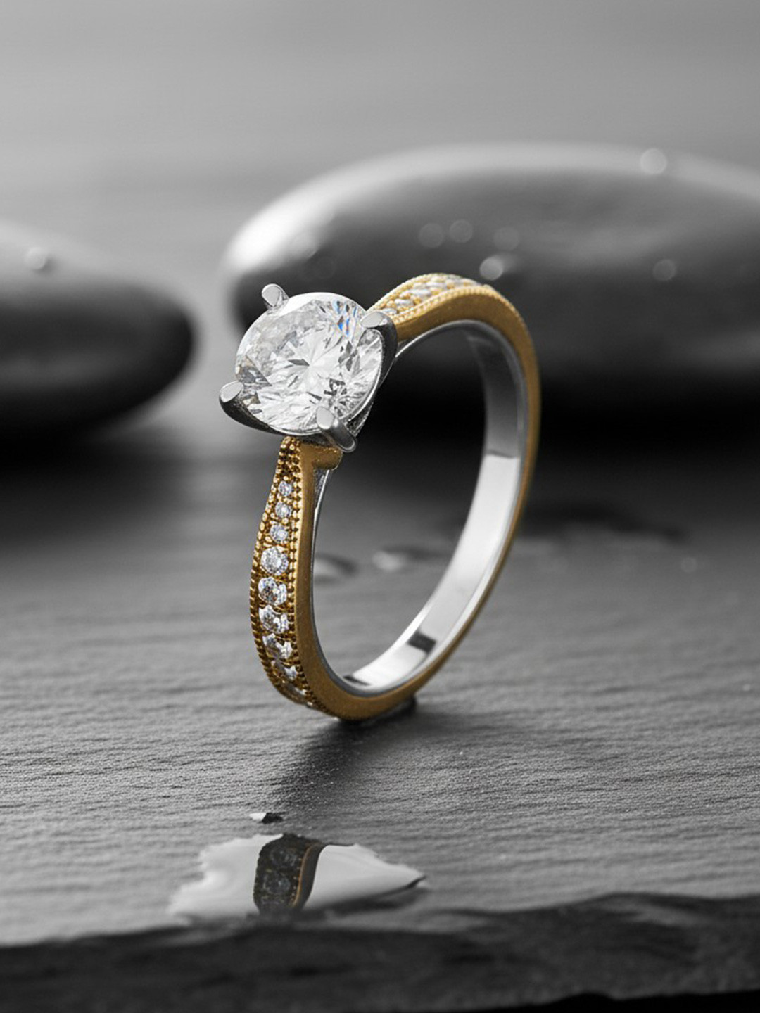 Nipura 925 Sterling Silver Gold-Plated CZ Studded Angelix Solitaire Finger Ring