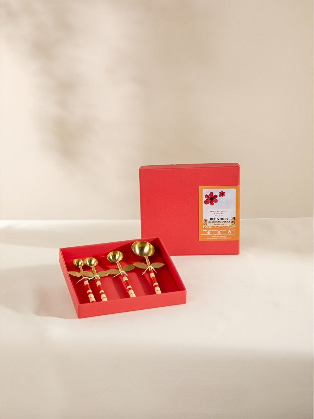 FREEDOM TREE Moon Flower Red & Gold Toned 4 Pieces Printed Steel Measuring Spoons