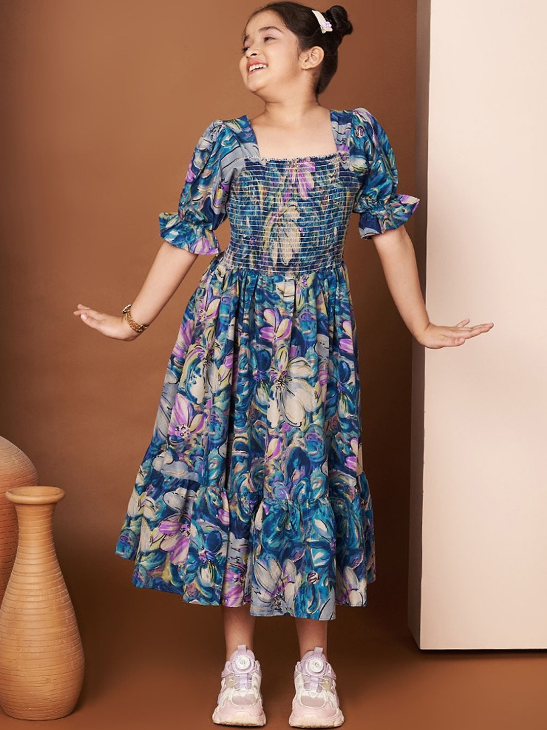 LookShine Floral Print Puff Sleeve A-Line Midi Dress