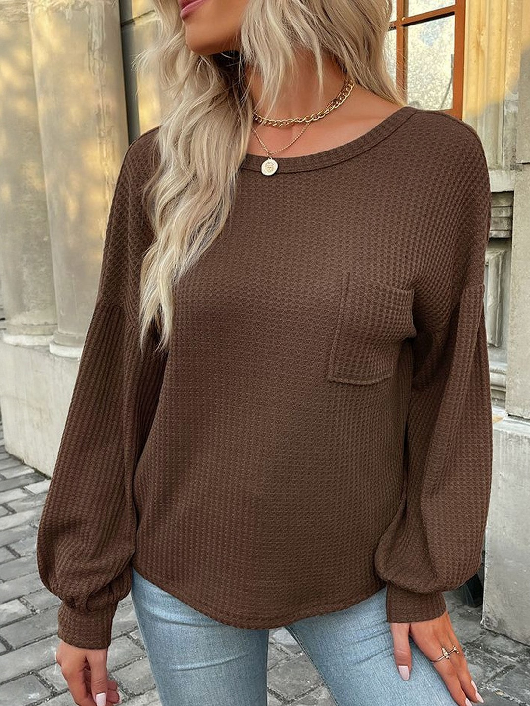 StyleCast x Revolte Women Coffee Brown Ribbed Round Neck Bishop Sleeves Top