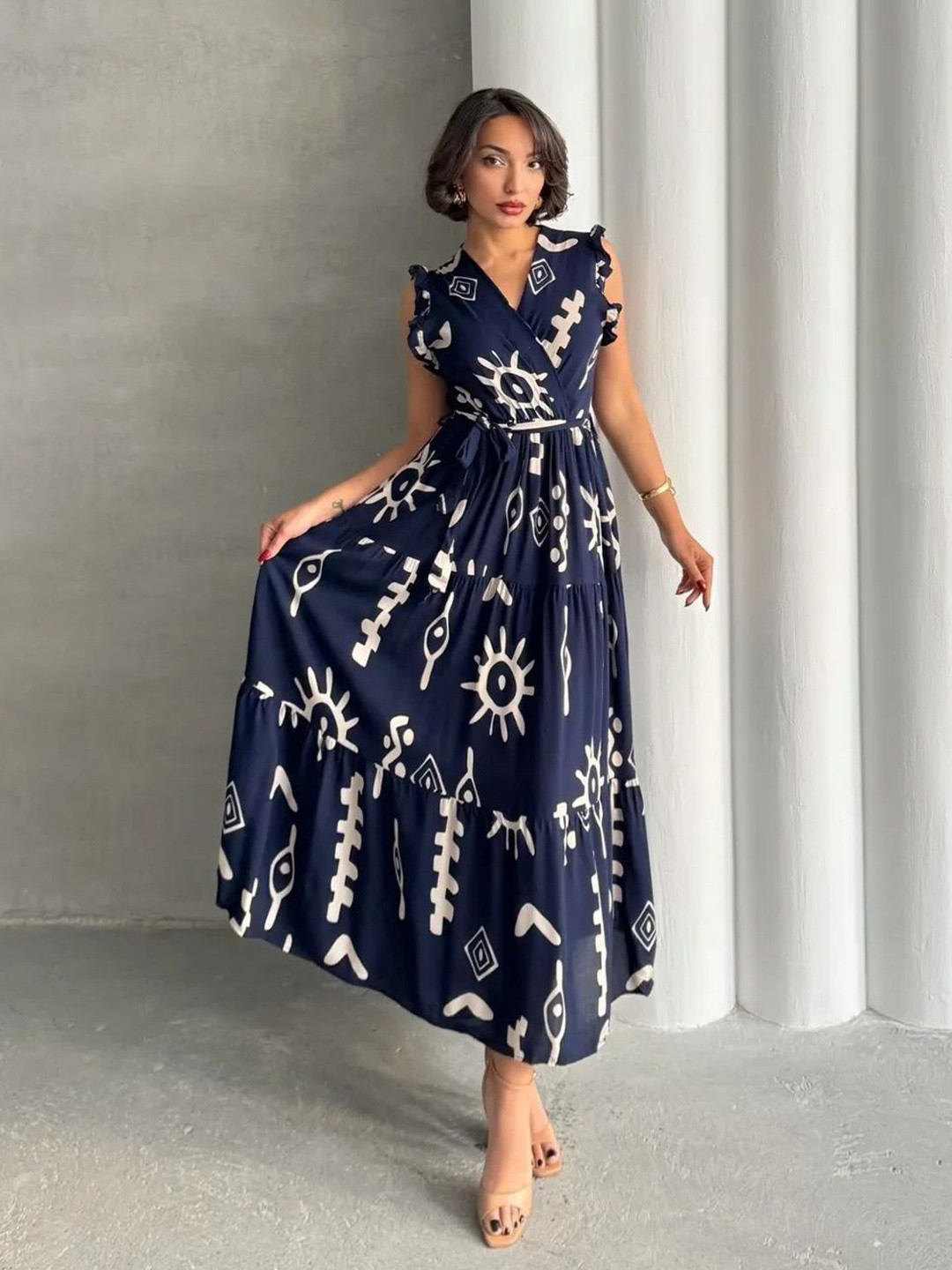 PIMU Graphic Printed Tie-Ups Tiered Flutter Sleeves Wrap Maxi Dress
