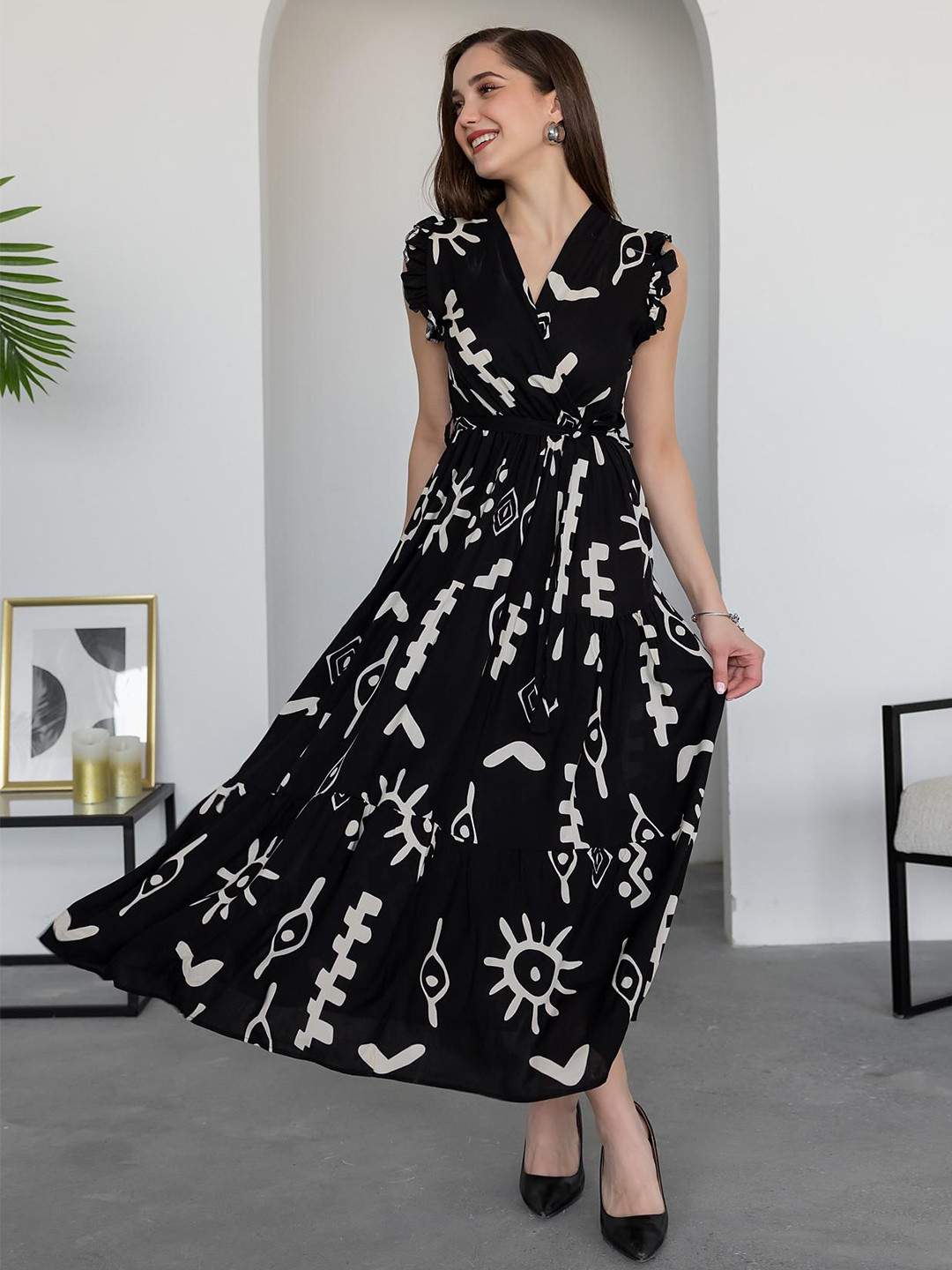 PIMU Abstract Printed Flutter Sleeve Wrap Maxi Dress