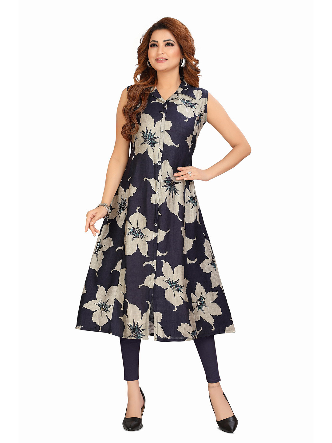 Meher Impex Women Printed Calf Length Regular A-Line Kurta With Lapel Collar