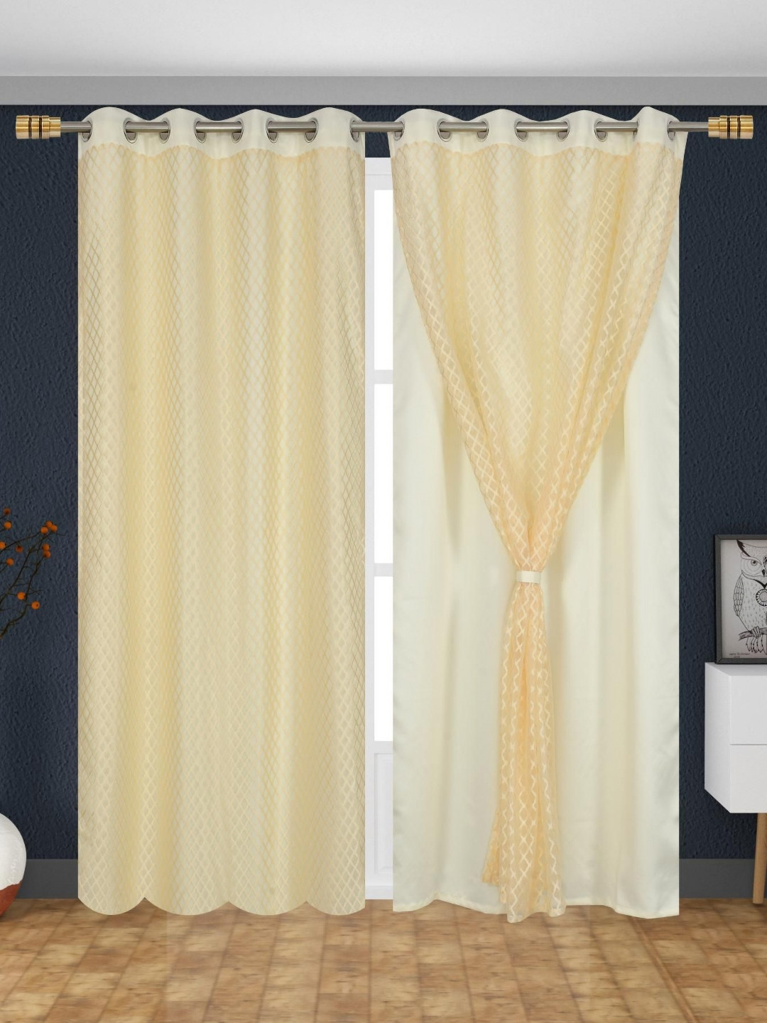 Aura Cream 2 Pieces Geometric Black Out Long Door Curtains