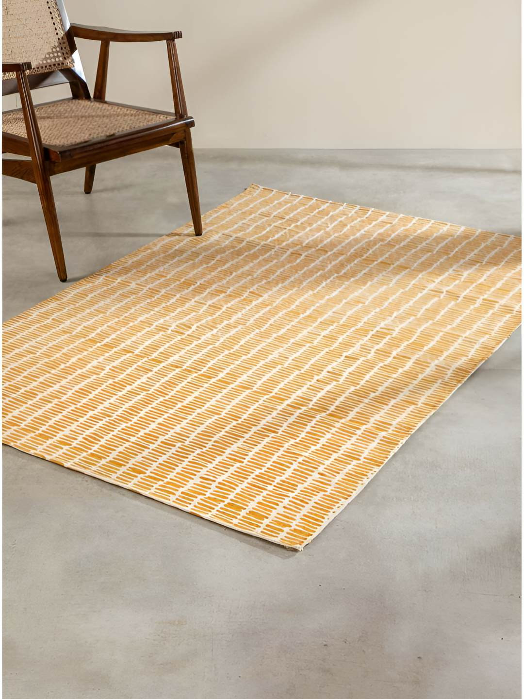 FREEDOM TREE Kyoto Yellow & White Printed Pure Cotton Rectangular Rug-Dhurrie