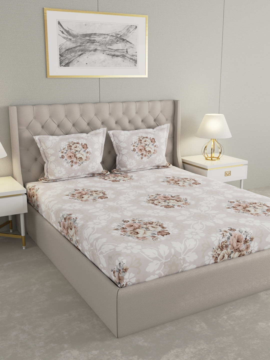 Raymond Home Memories White Printed 100 TC Queen Bedsheet Set 2.25 m x 2.2 m