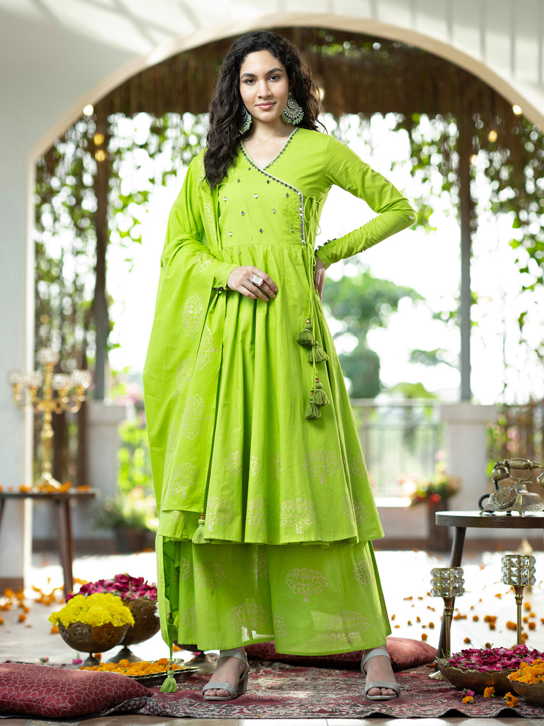 Saanjh Yoke Design V-Neck Angrakha Mandarin Collar Pure Cotton Kurta Sharara & Dupatta