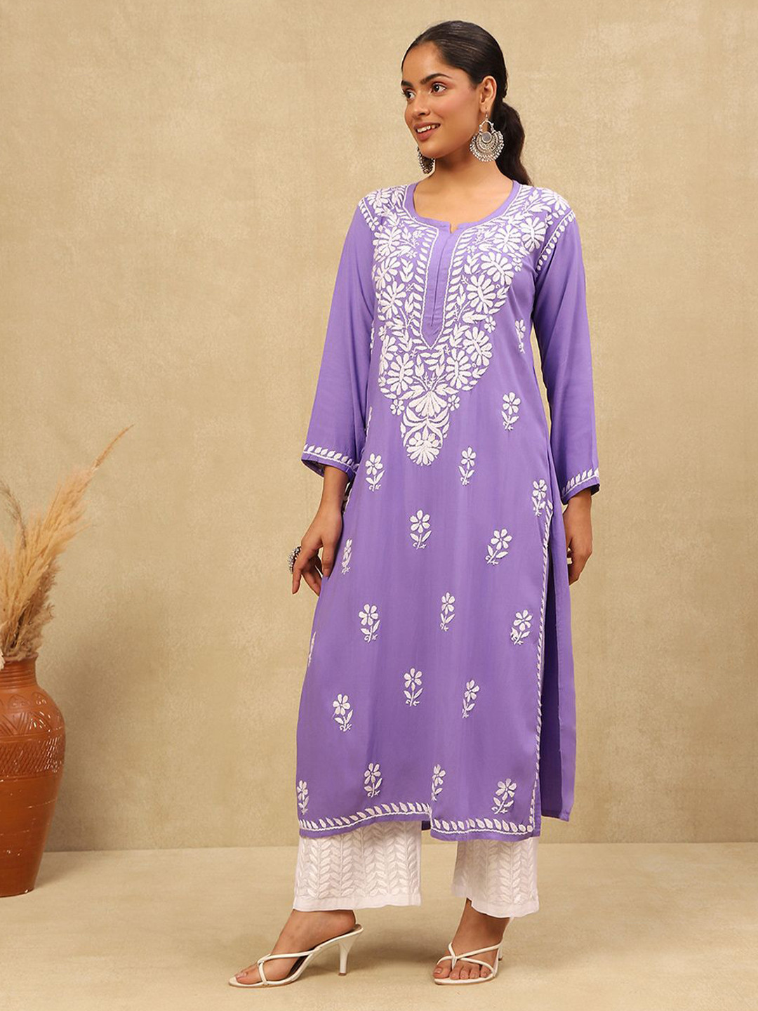House of Chikankari Lavender Rayon Chikankari Solid Women's Long Kurta