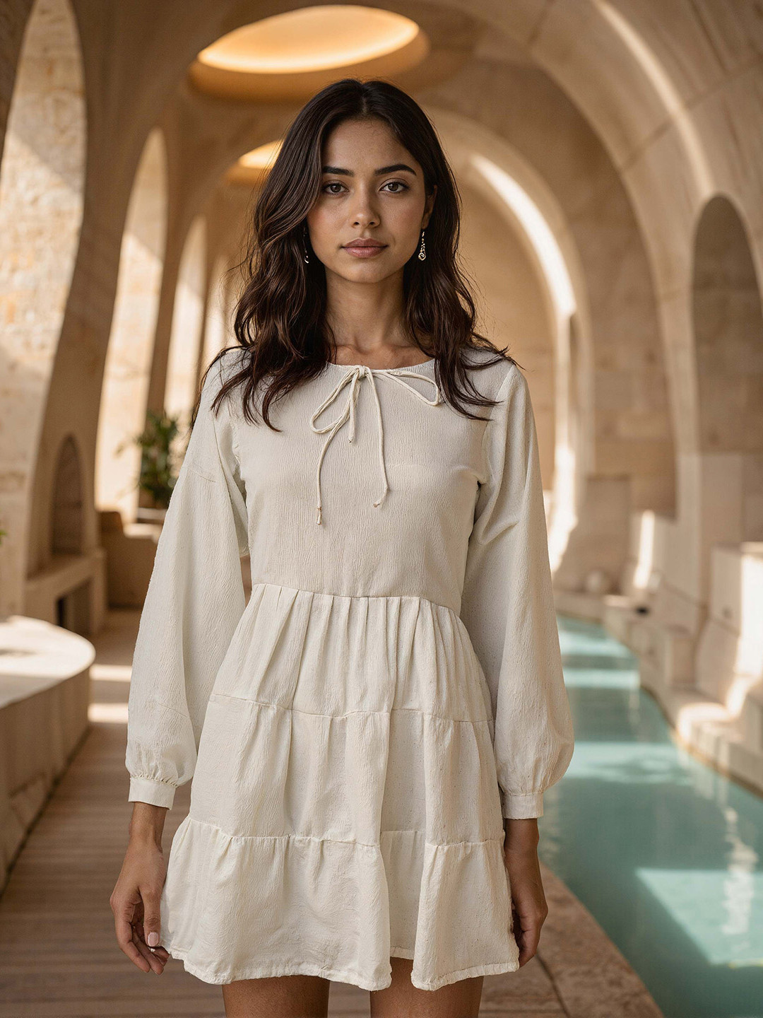 Naava Women Solid Tie-Up Neck Fit & Flare Mini Dress