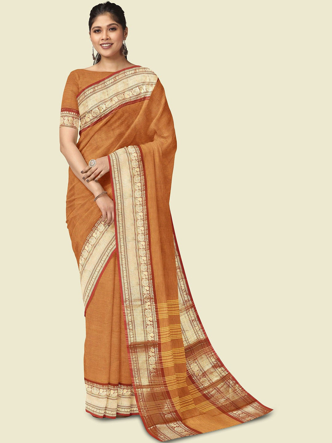 The Chennai Silks Solid Zari Pure Cotton Maheshwari Saree with Woven Design Border
