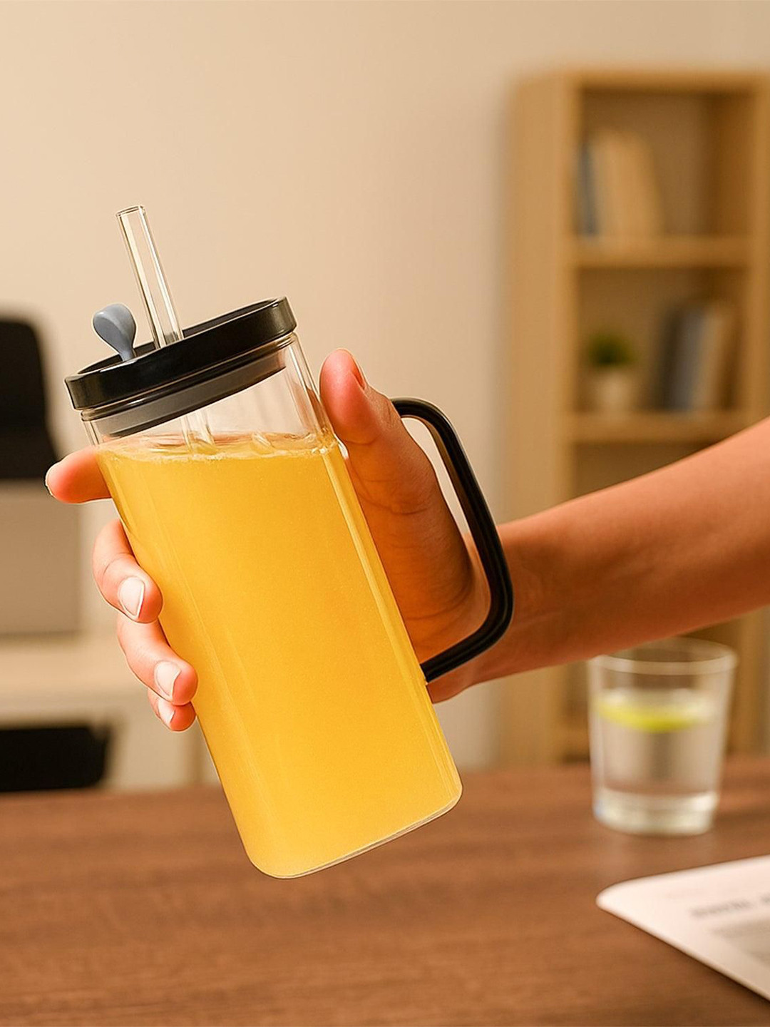 MARKET99 Mason Black & Transparent 2 Pieces Glass Glossy Mugs 600ml With Straw