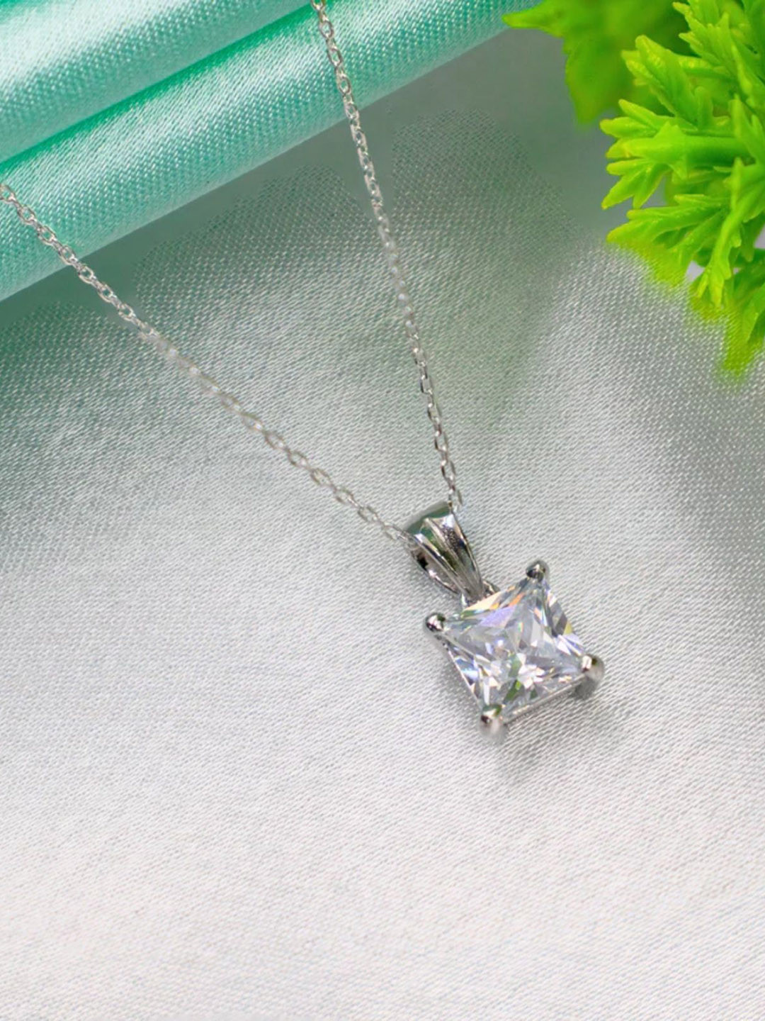 Zarkan 925 Sterling Silver Rhodium  American Diamond Studded Square Pendant With Chain