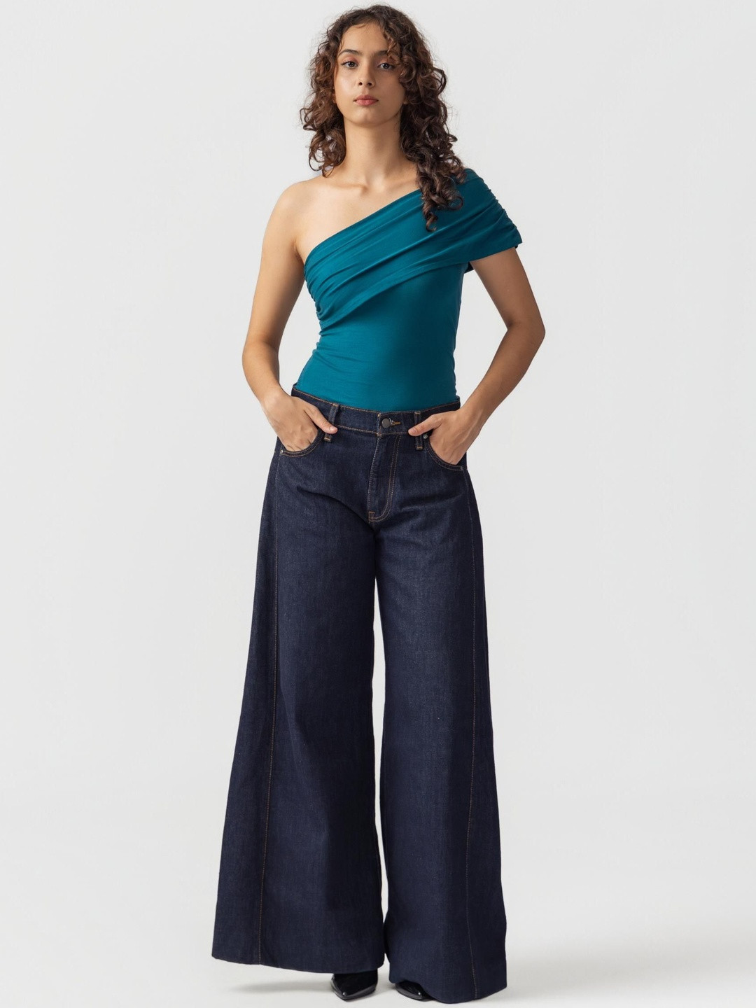 Past Modern Women Gathered One Shoulder Short Sleeve Cotton Drape Top