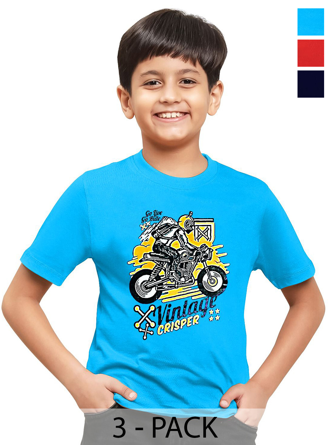 Crisper Boys Pack of 3 Graphic Printed Round Neck Pure Cotton T-shirts