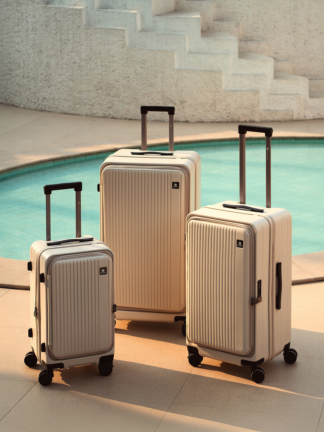 SWISS MILITARY Jade Hard Set Of 3 Textured Hard Sided Large Medium & Cabin Trolley Bags