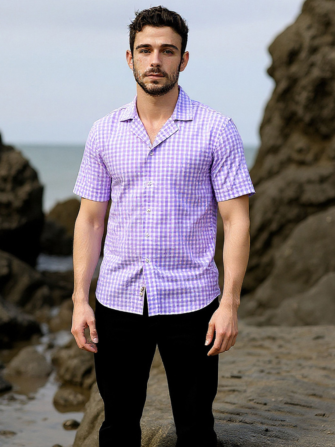 Purple Gingham Checked Casual Shirt