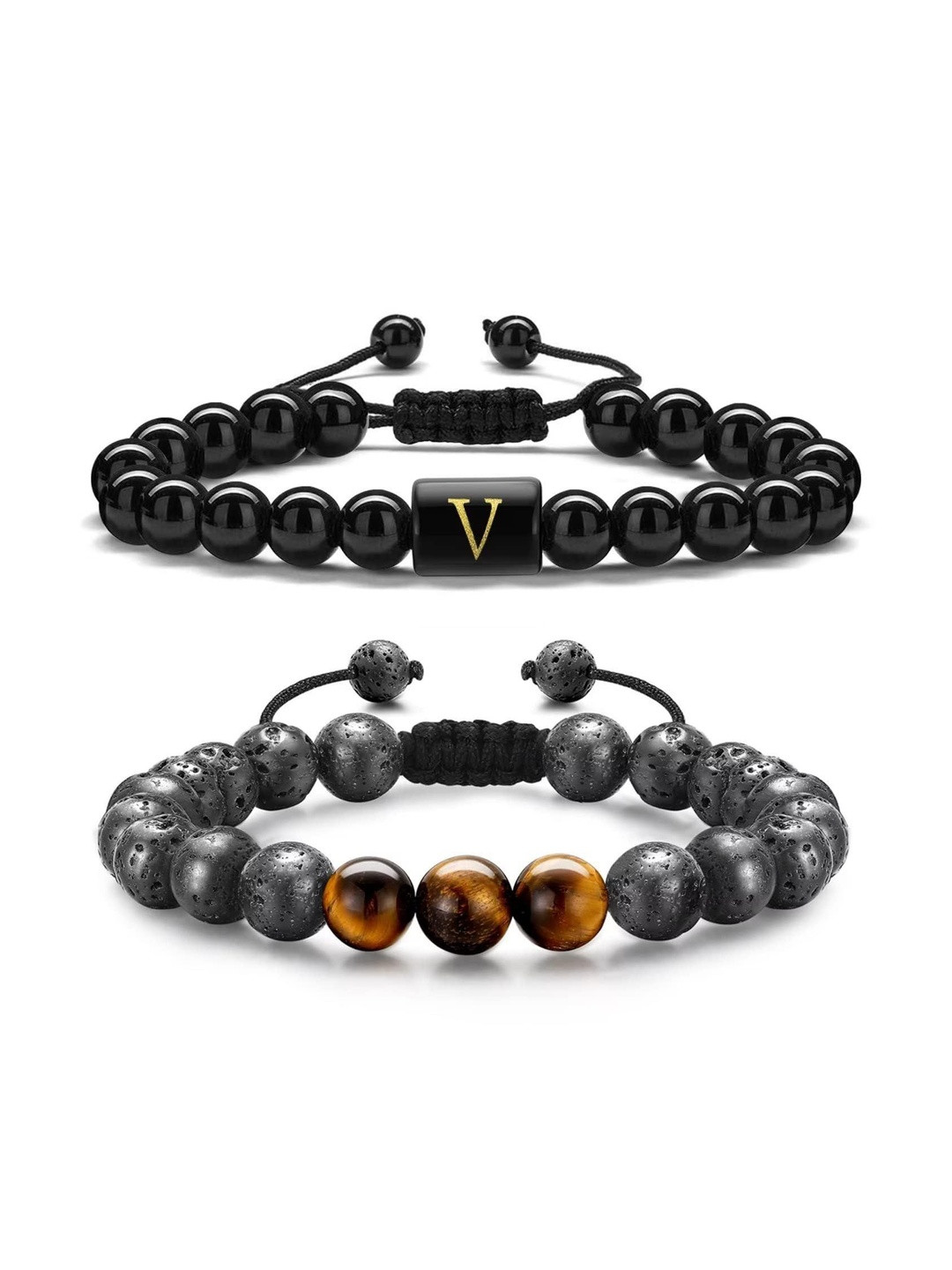 EDMIRIA Unisex Set Of 2 Lava Rock & Tiger Eye Stone Studded & Beaded Wraparound Bracelets