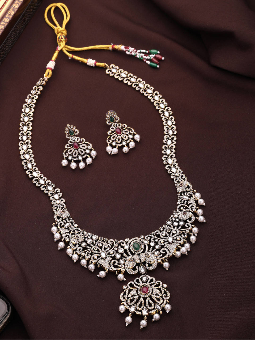 ADIVA 22K Gold Plated American Diamond Studded & Beaded Jewellery Set