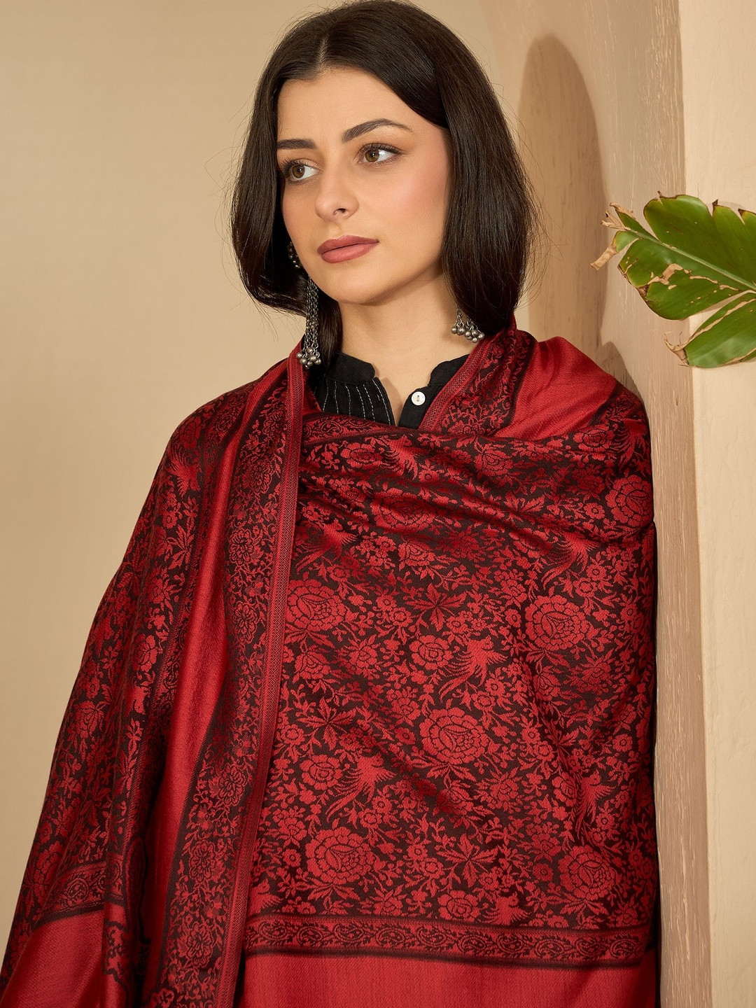 Sangria Women Red Modal Woven Design Stole