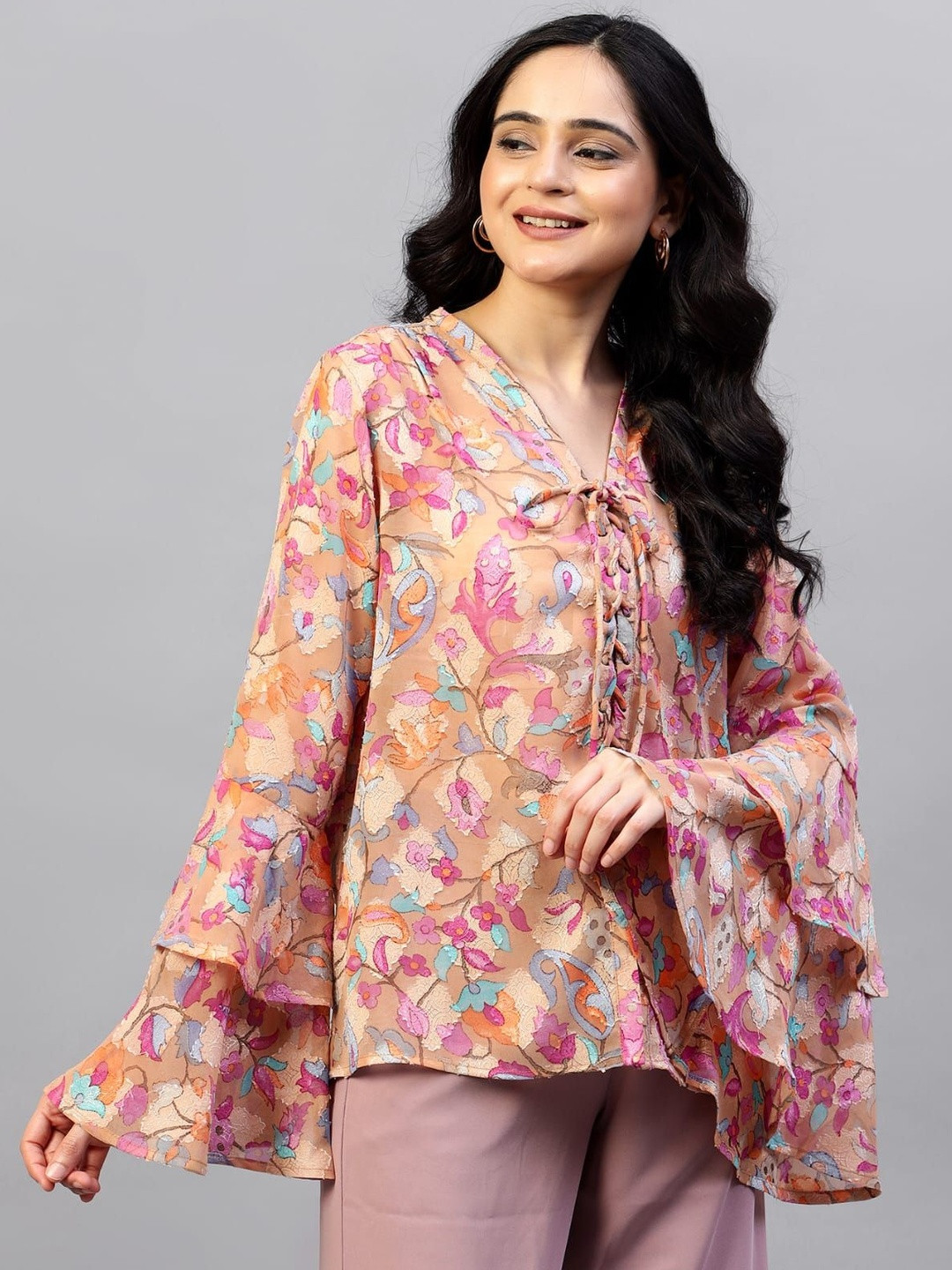 ARKAVYA Women Floral Print Layered Sleeves Tie-Ups Detail Top