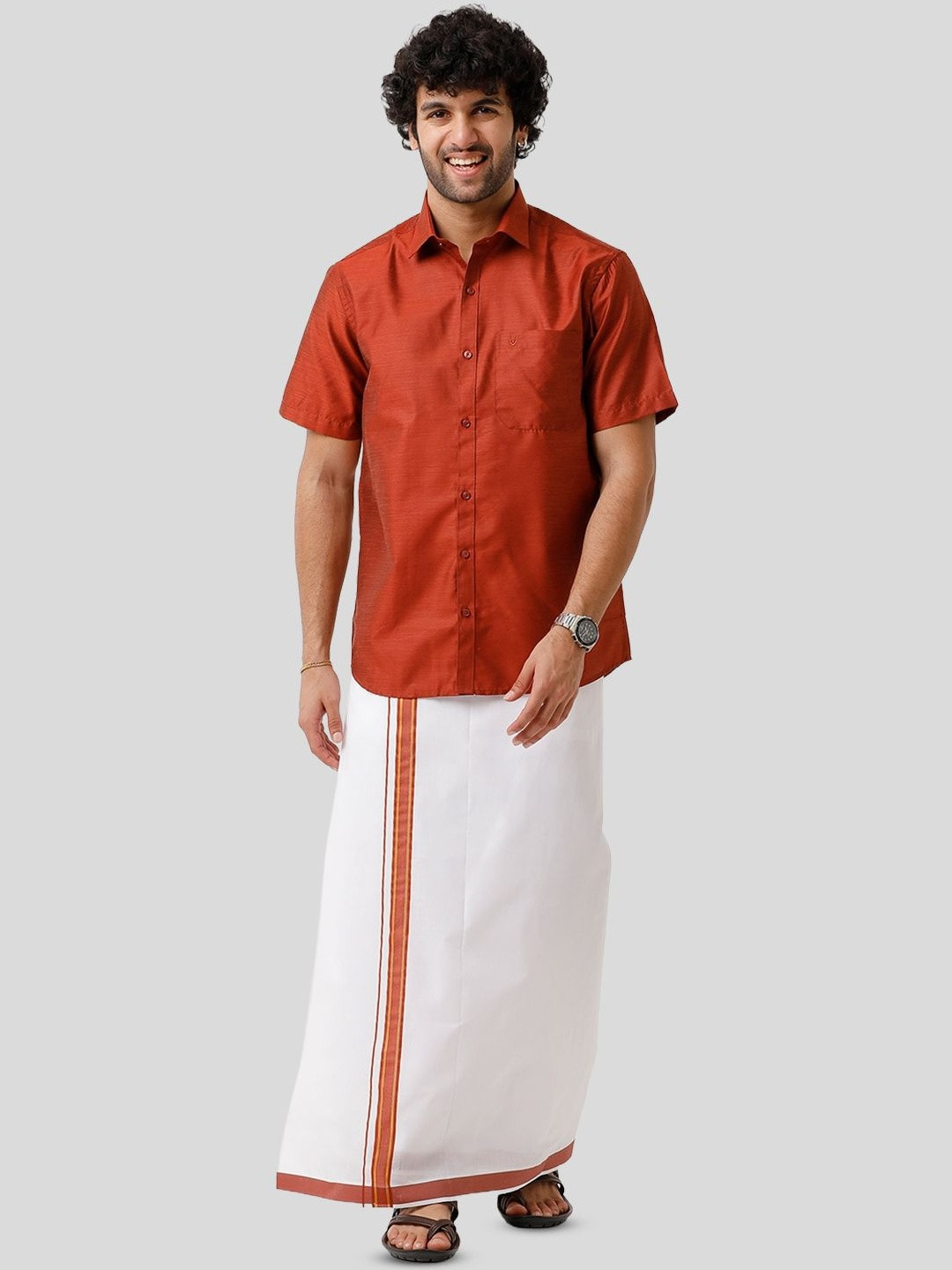 UATHAYAM Men Red Silk Blend Solid Clothing Set