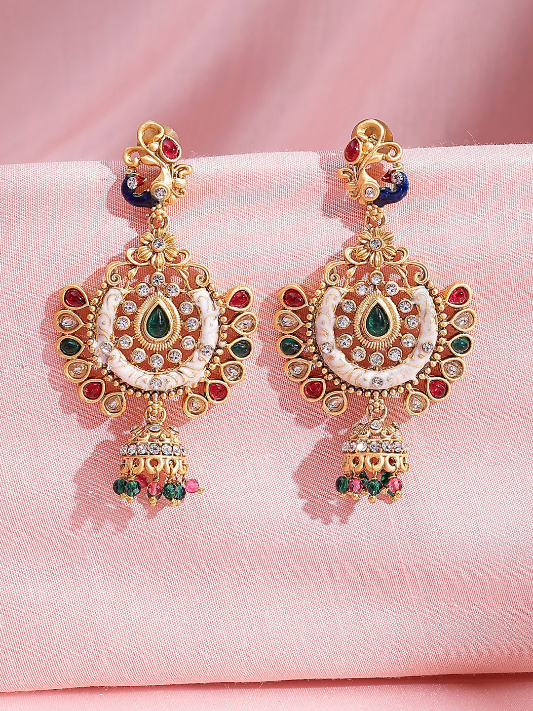 ADIVA 22K Gold-plated Kundan & CZ Stones & Beaded Meenakari Peacock Shaped Designer Drop Earrings