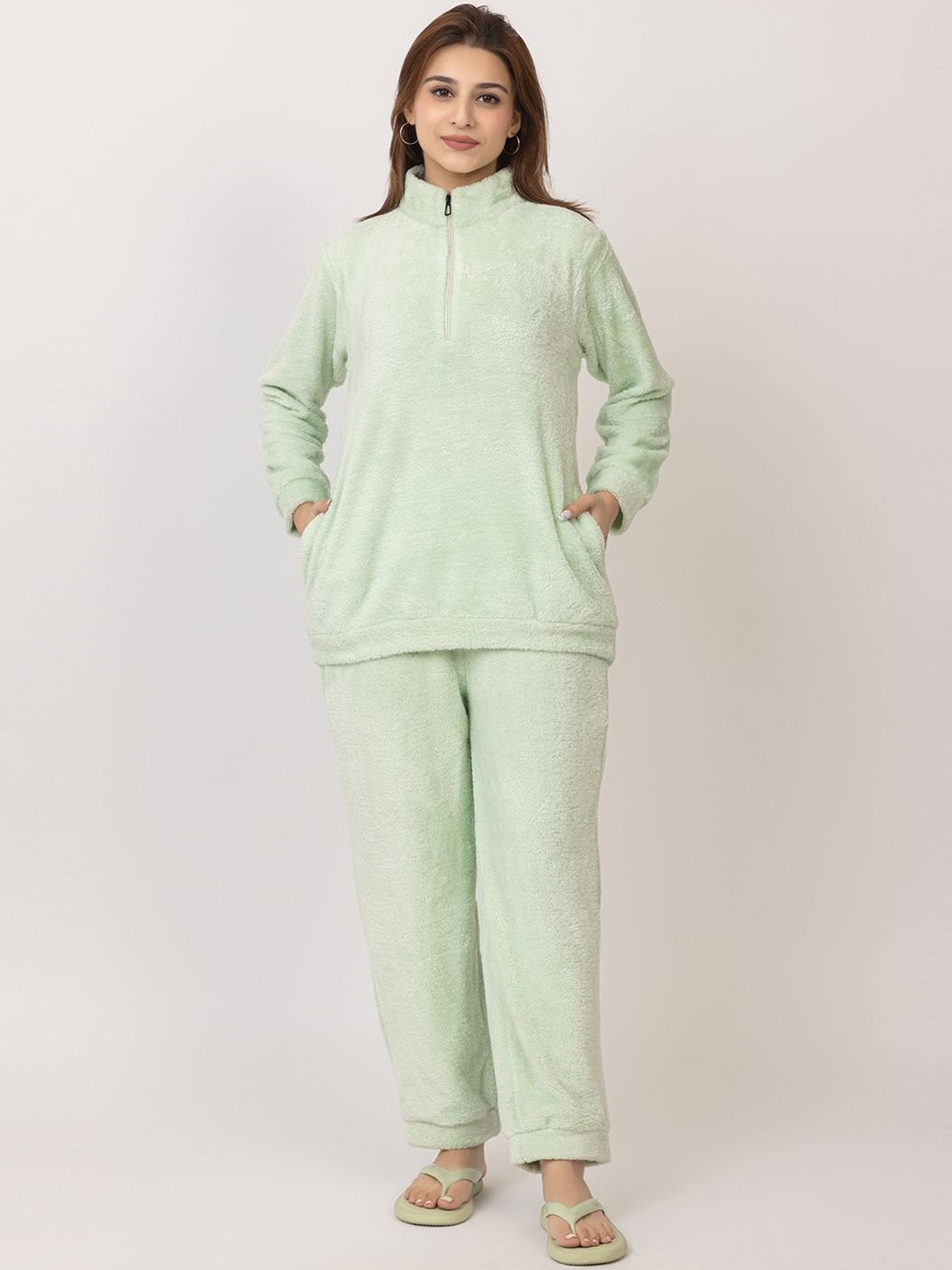 SIDLY PIDLY Women Stand Collar Wool Blend T-Shirt With Pyjama Night suit