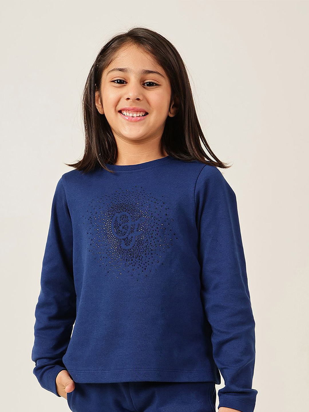 One Friday Girls Navy Blue Knit Embellished Round Neck. Sweatshirt