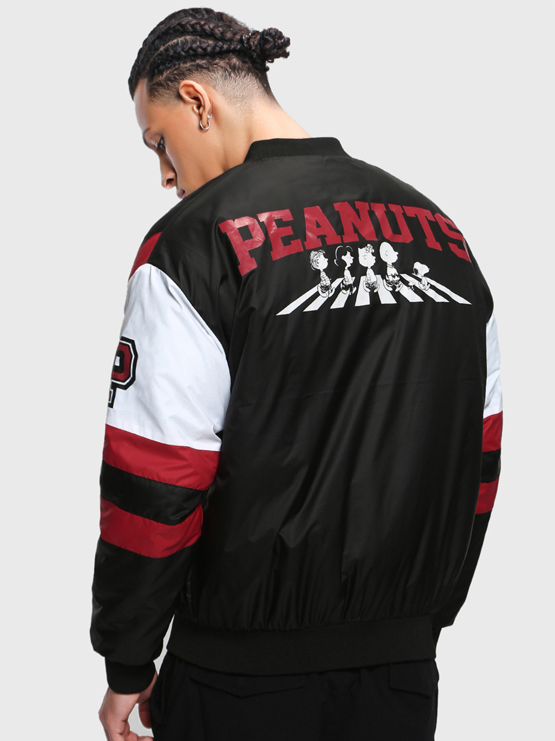 Bewakoof Men Graphic Printed Peanuts Oversized Fit Bomber Jacket