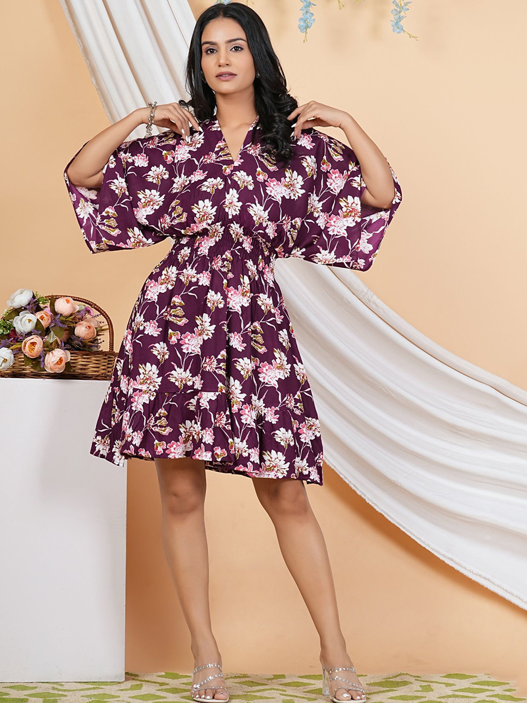 HEBA Floral Print Batwing Sleeve Smocked Fit & Flare Above Knee Dress