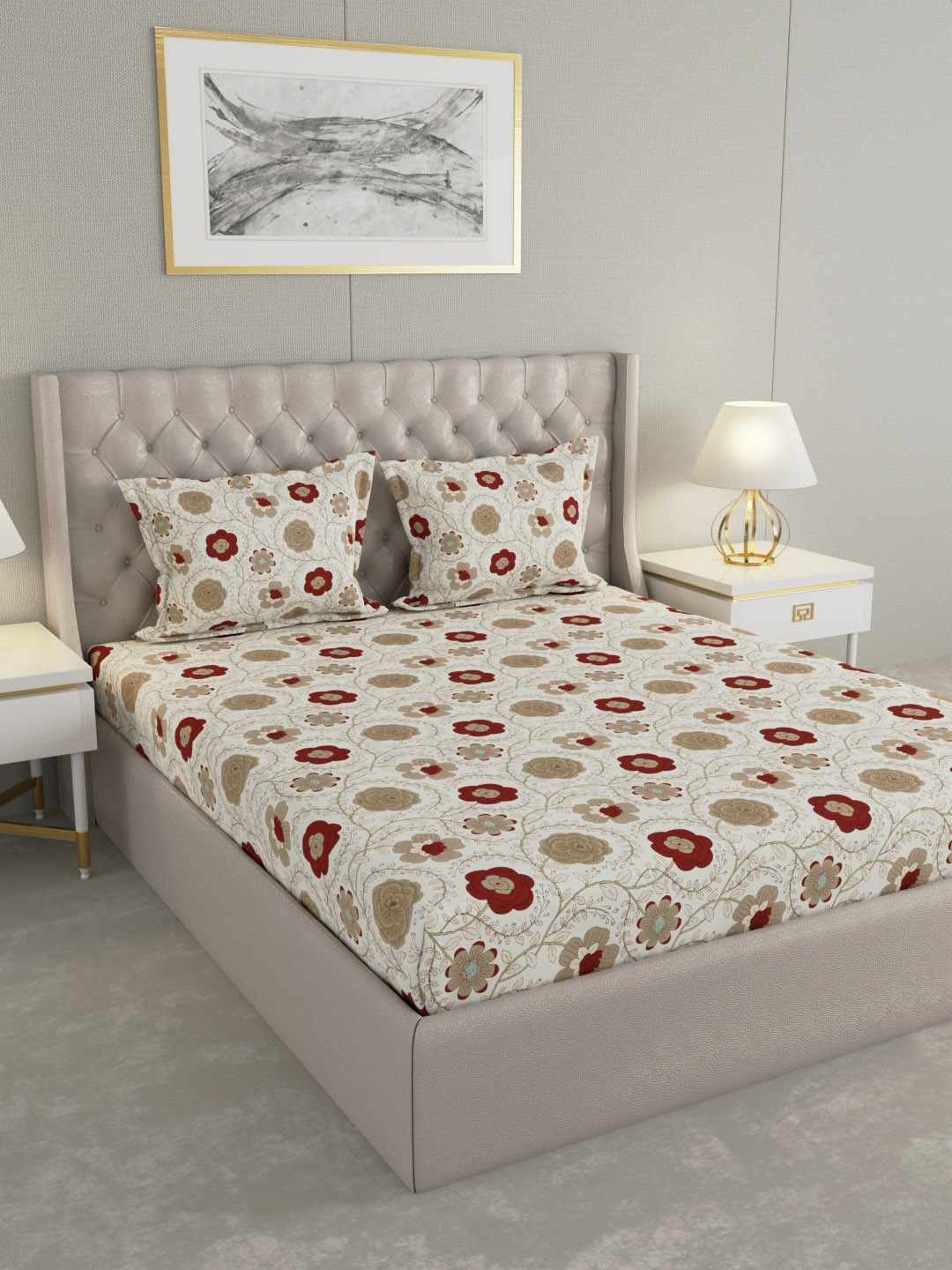 Raymond Home Cream-Coloured Printed 100TC Double Queen Bedsheet Set 2.25 m x 2.50 m