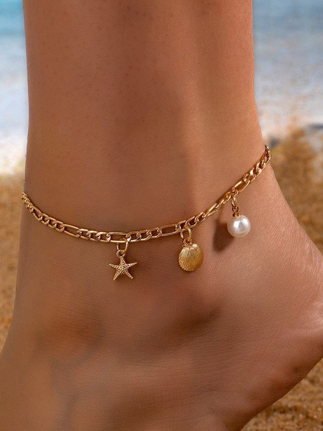 Stoln Pearls Beaded Starfish Shell Shaped Anklet