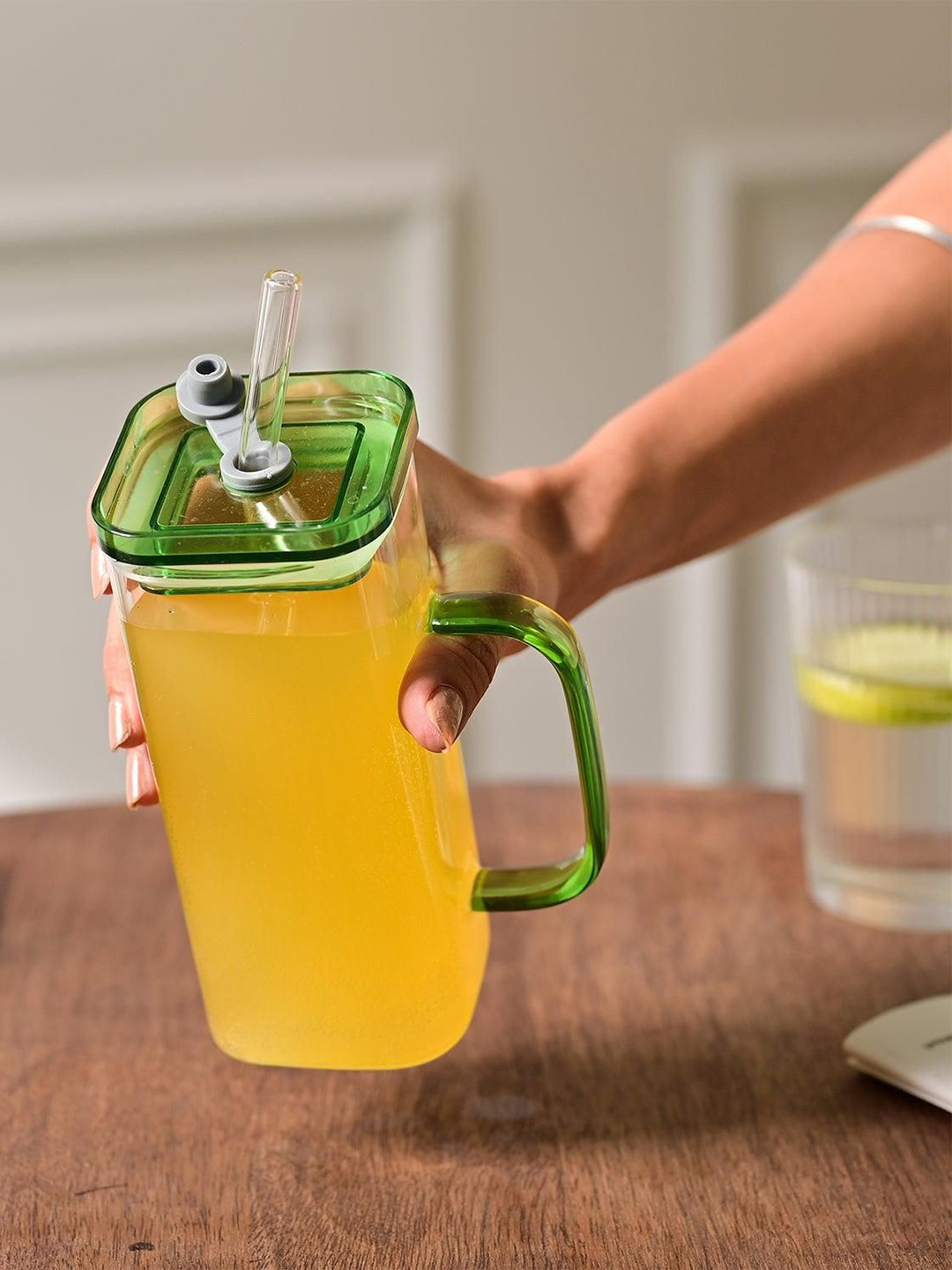 MARKET99 Mason Green & Transparent 2 Pieces Glass Glossy Mugs 600ml With Straw