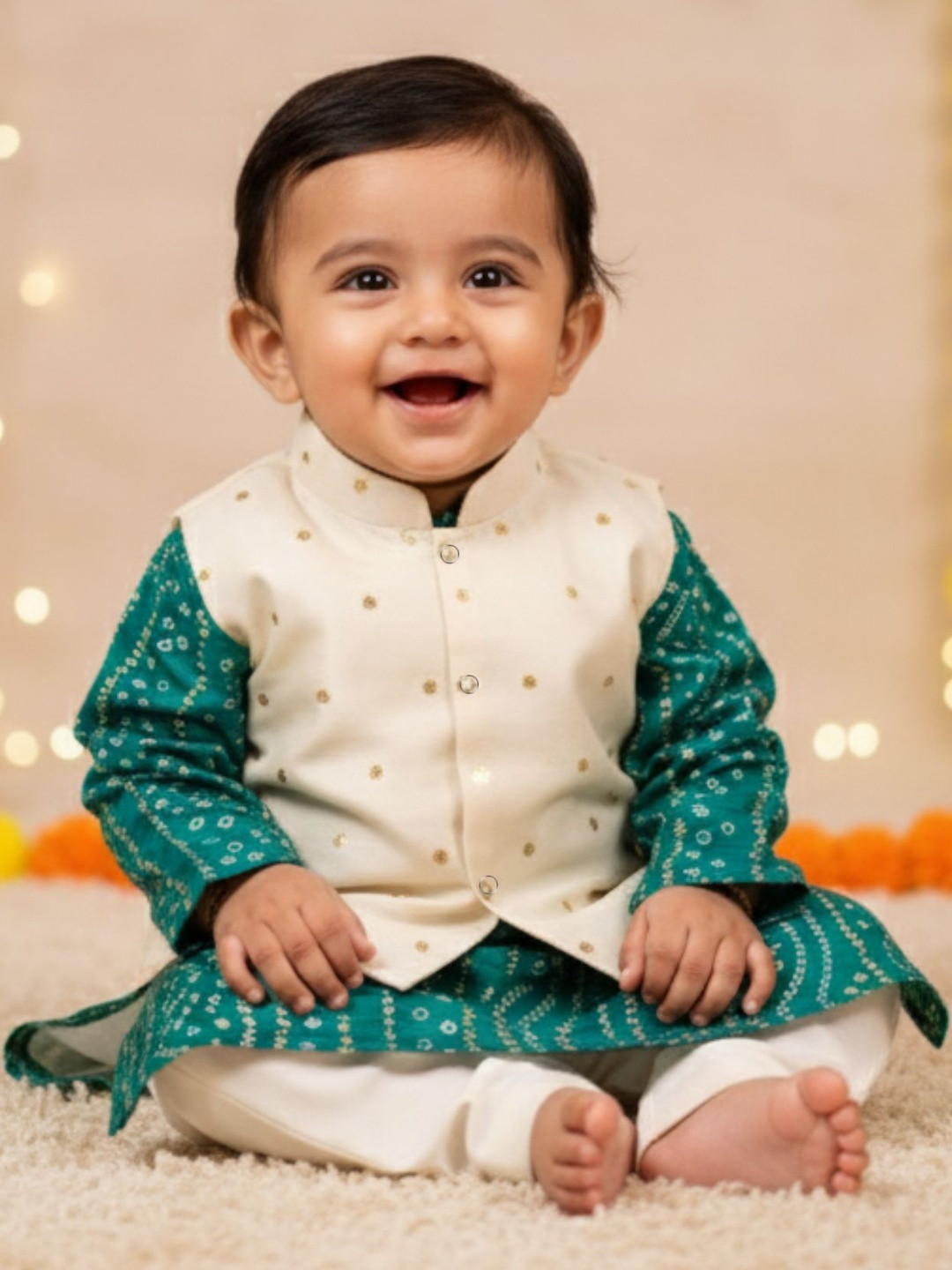 Sangria Boys Bandhani Printed Pure Cotton Kurta with Pyjamas And Waistcoat