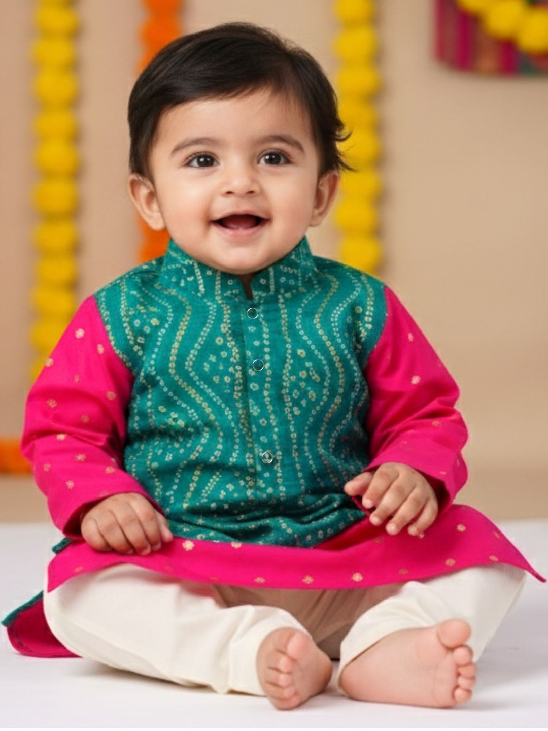 Sangria Boys Zari Woven Design Kurta Pant Set With Bandhani Jacket