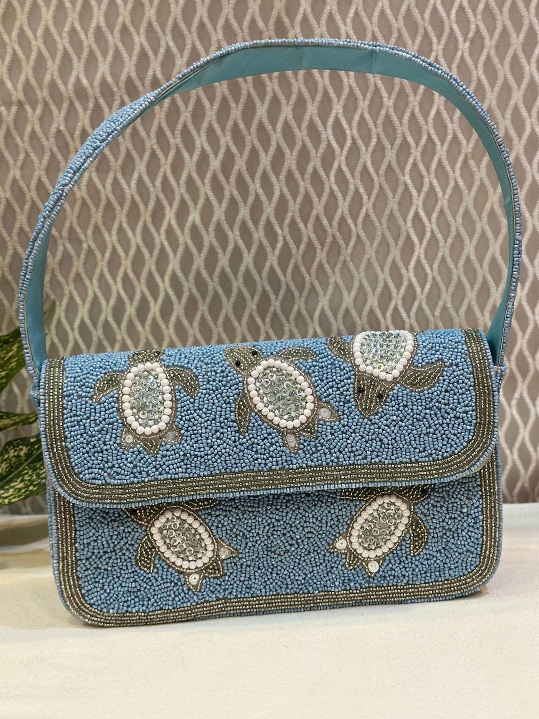 DCI Blue & Gold-Toned Embellished Shoulder Strap Purse Clutch
