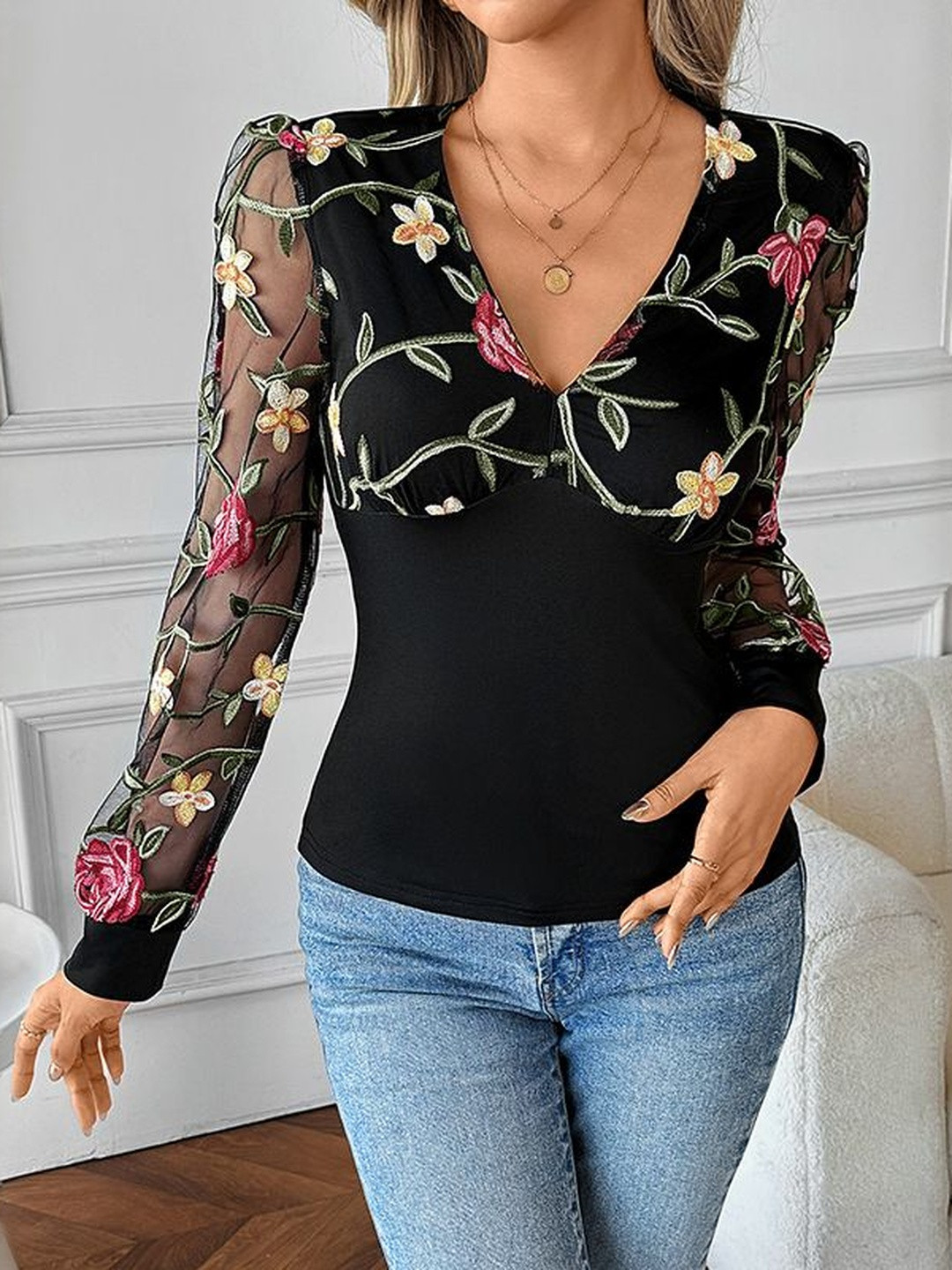 StyleCast x Revolte Women Embroidered V-Neck Fitted Top