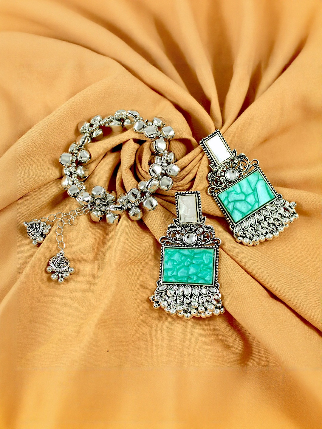 JFL - JEWELLERY FOR LESS Oxidised Kundan Studded Earrings with Bracelet
