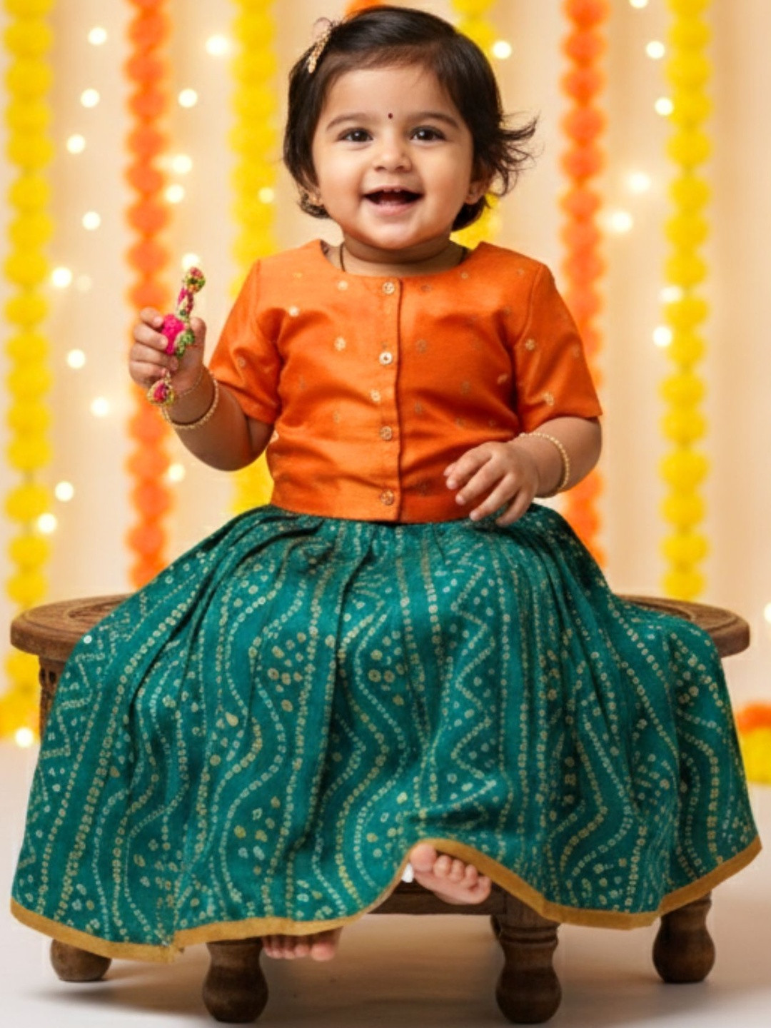 Sangria Girls Green Bandhani Cotton Lehenga with Orange Zari Blouse
