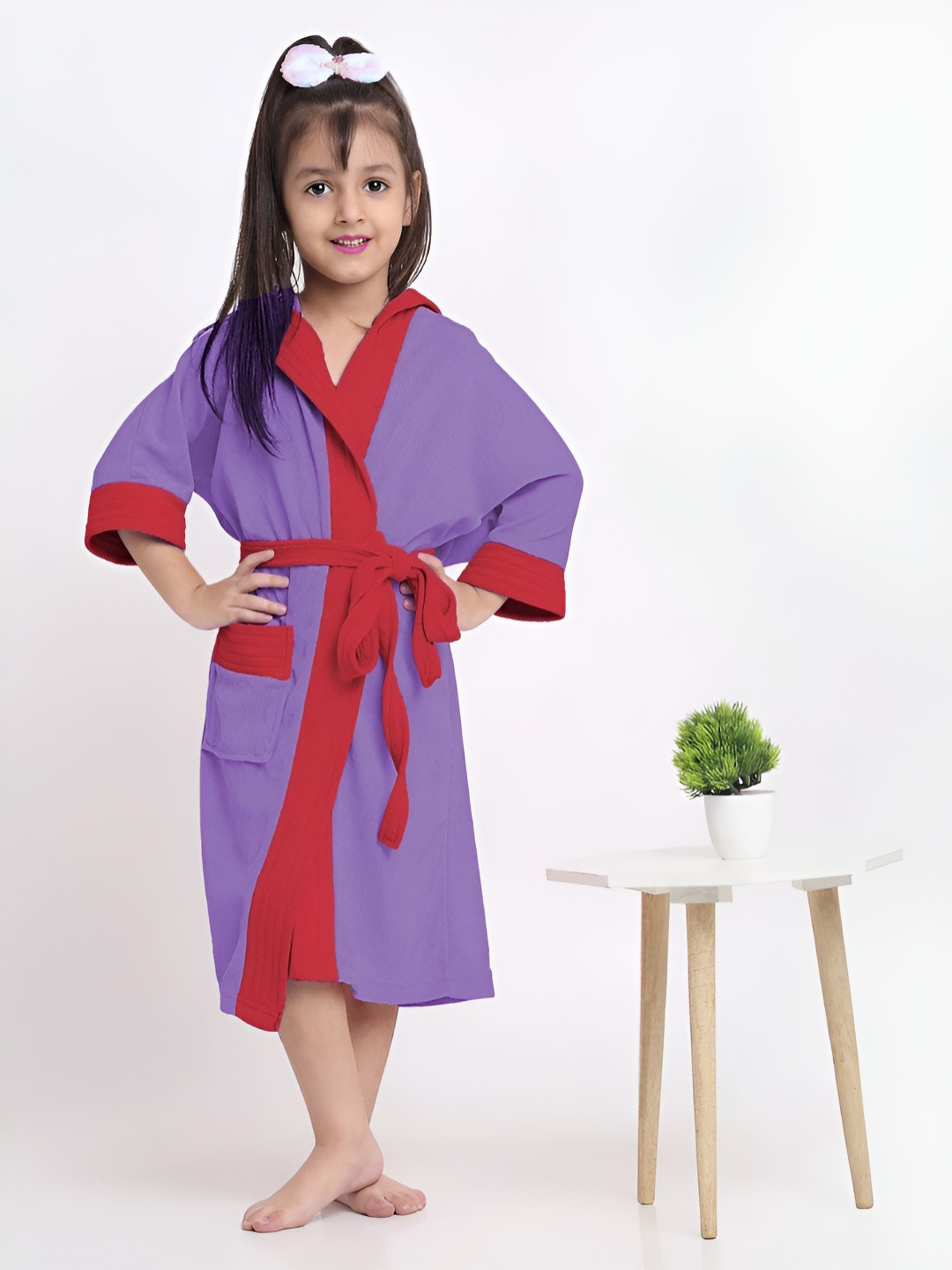 Creeva Kids Color Block Shawl Collar Bath Robe With Belt
