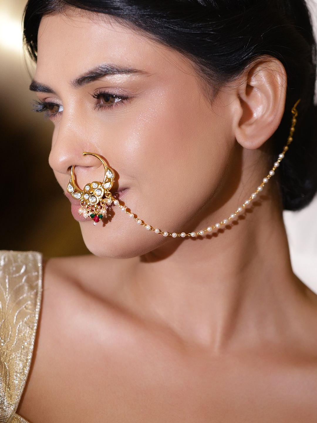 Rubans 22K Gold-Plated Kundan Studded And Pearls Beaded Floral Shaped Chain Nath Nose Ring