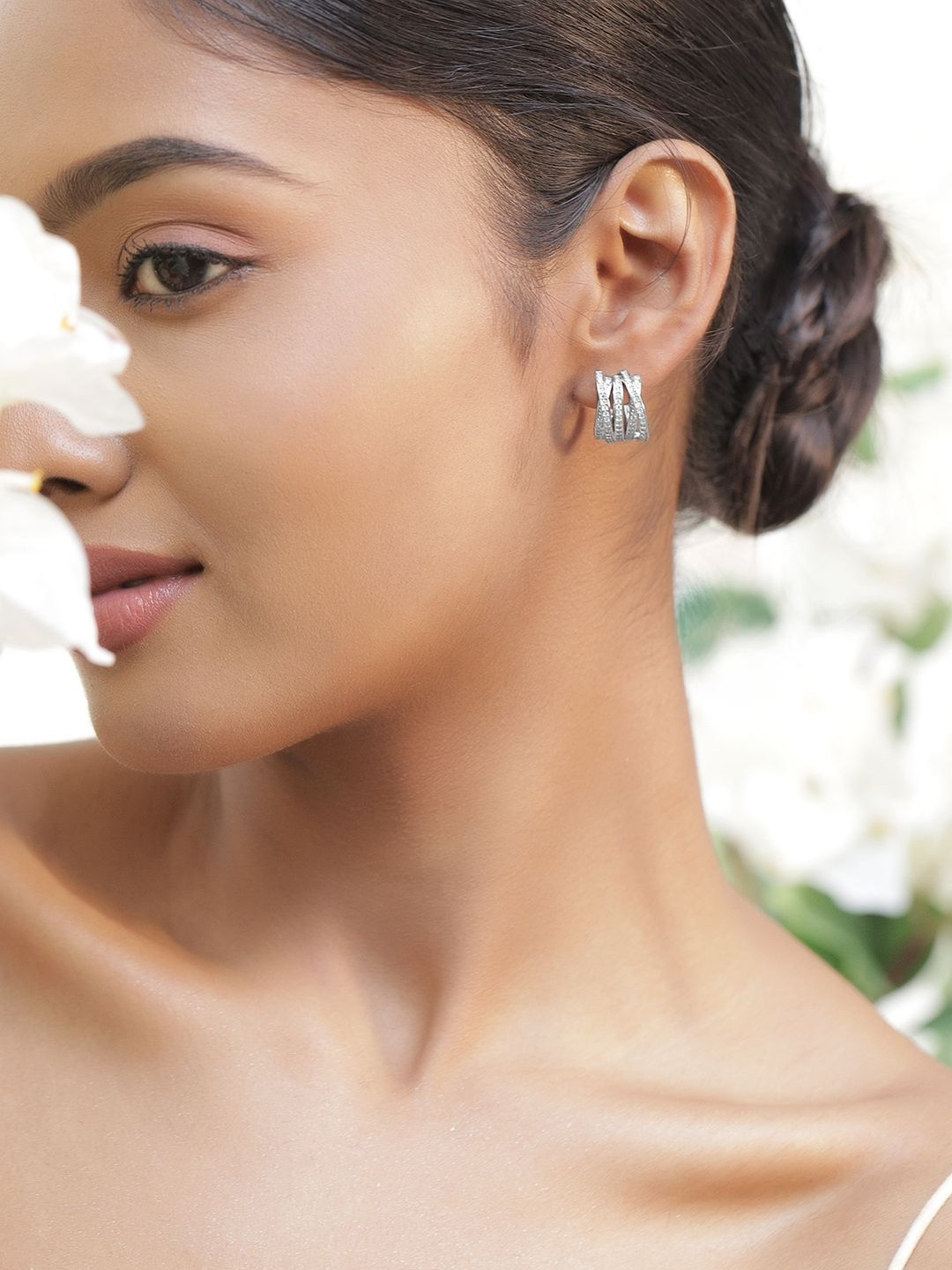 Rubans Rhodium-Plated Cubic Zirconia Studded Semi Circular Shaped Half Hoop Earrings