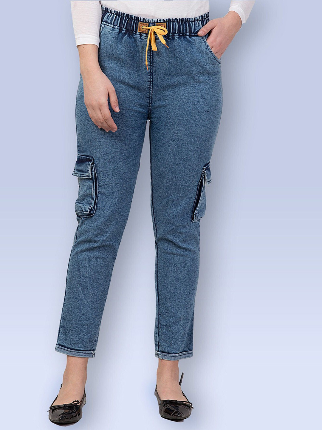 COUTUME COLLECTIONS Women Jogger Light Fade Medium Shade High-Rise Cargo Styles Jeans