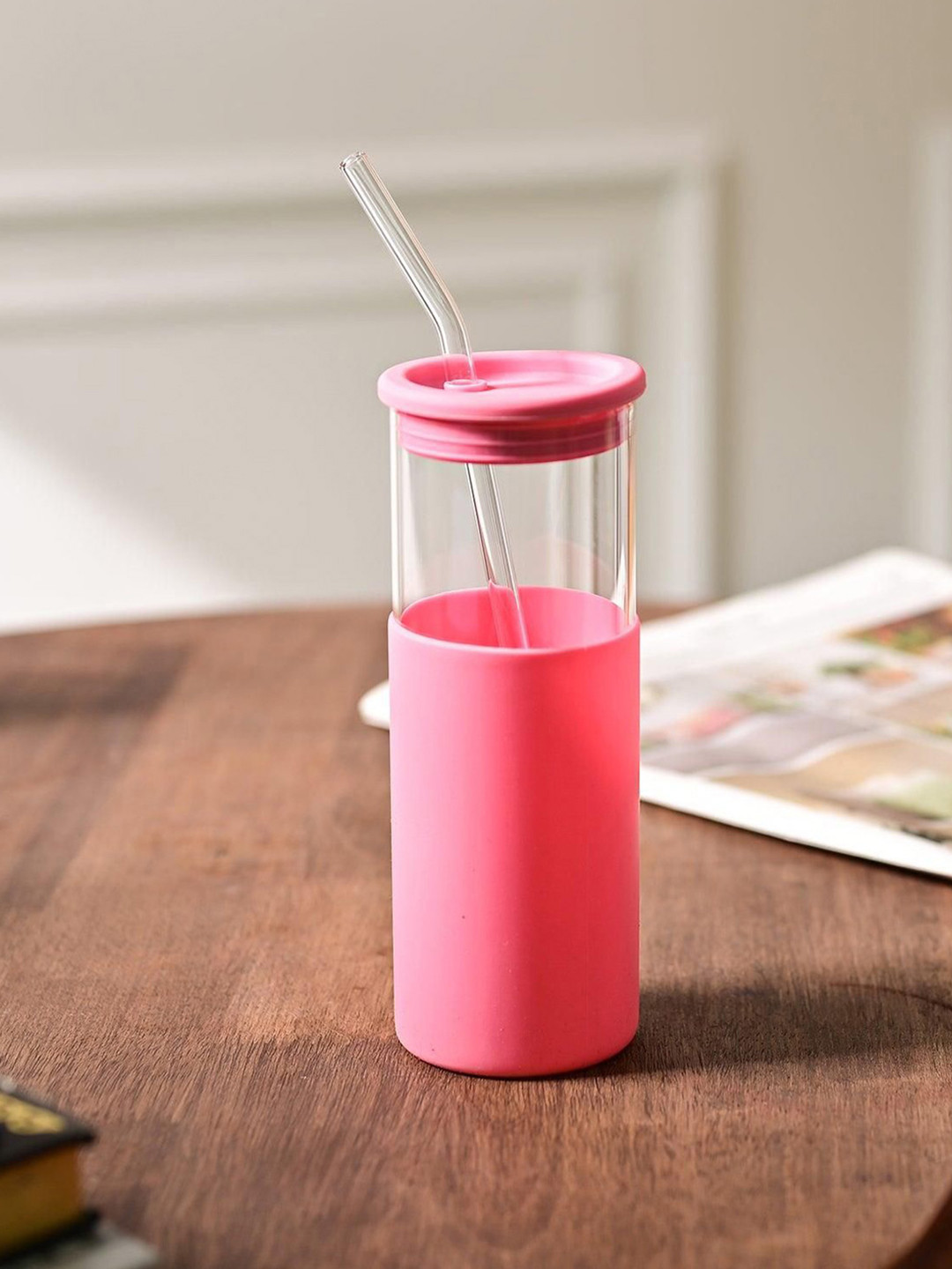 MARKET99 Pink & Transparent Glass Water Bottle With Straw 480ml