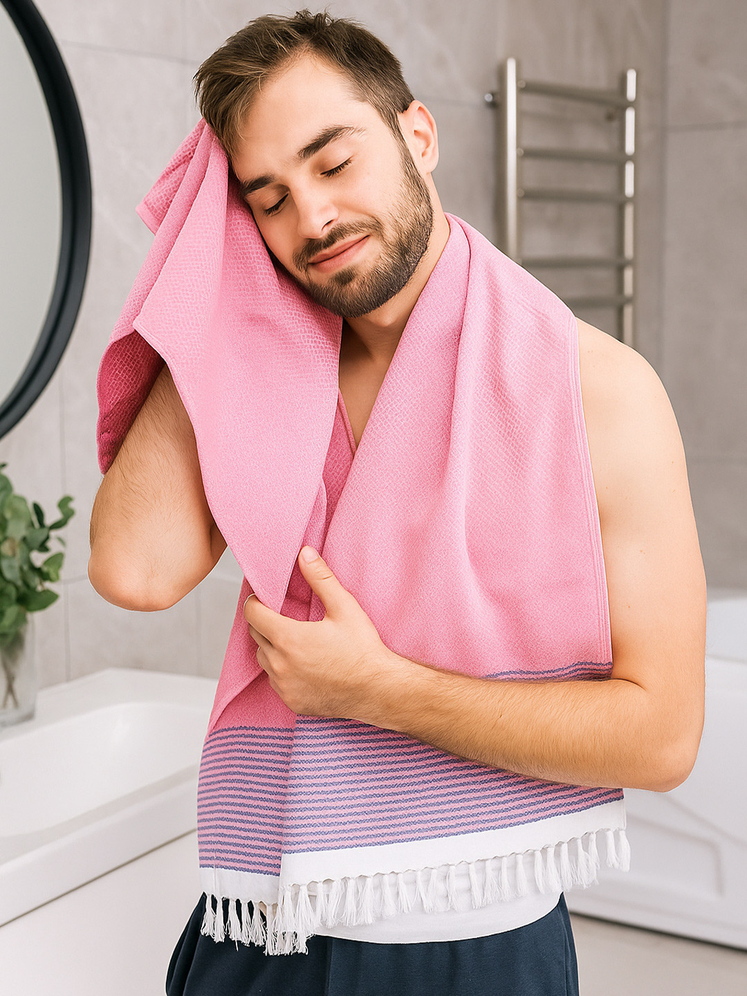 Kryptic Pink & Blue Geometric Printed 180 GSM Pure Cotton Bath Towel