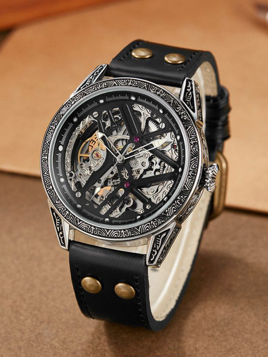 Poshi Men Skeleton Dial & Leather Straps Analogue Motion Powered Watch POSW24-726061610925