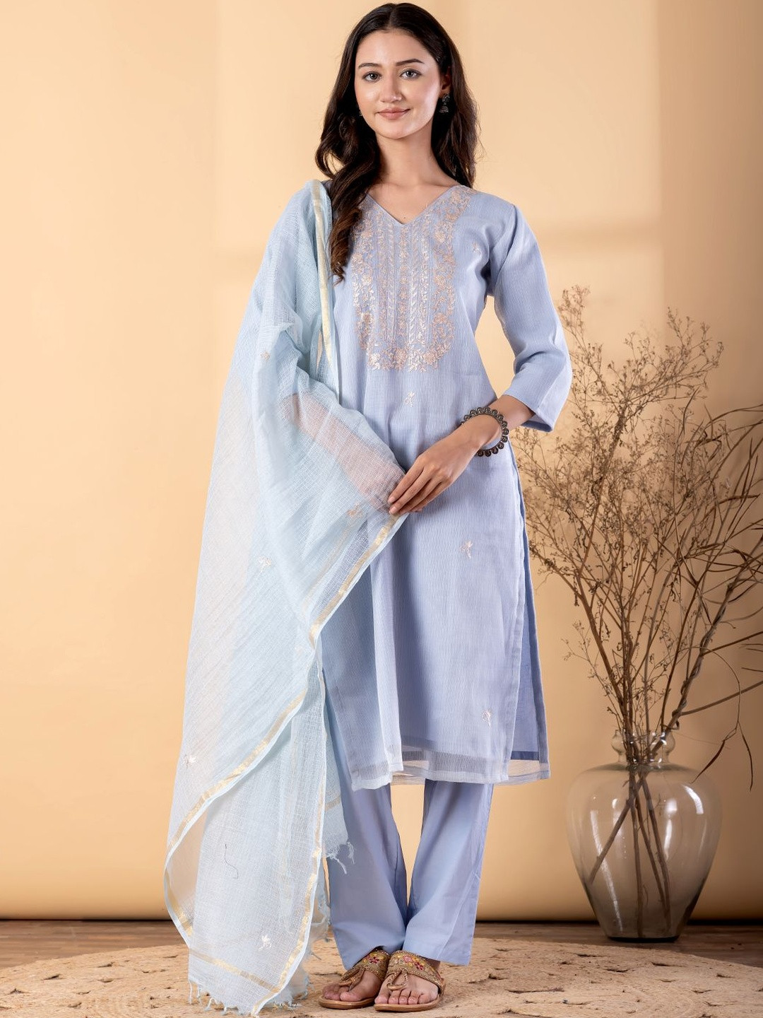 Readiprint Ethnic Motifs Self Design Thread Work Kurta With Trousers & Dupatta