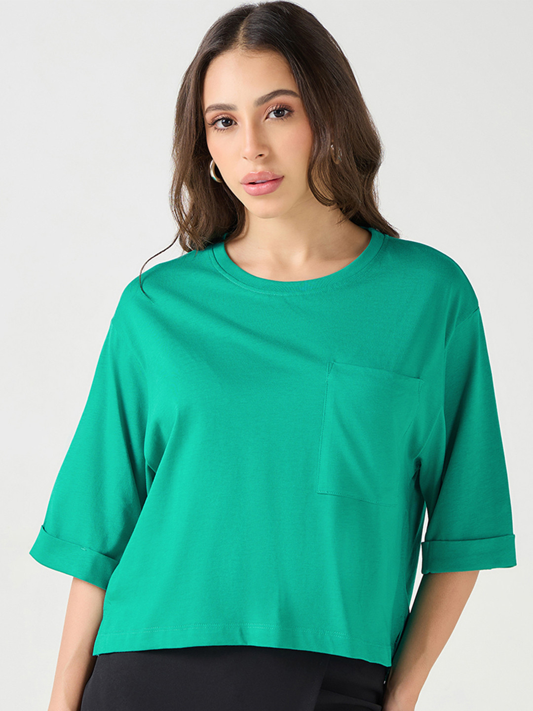 Bewakoof Women Slushy Green Oversized Crop T-shirt