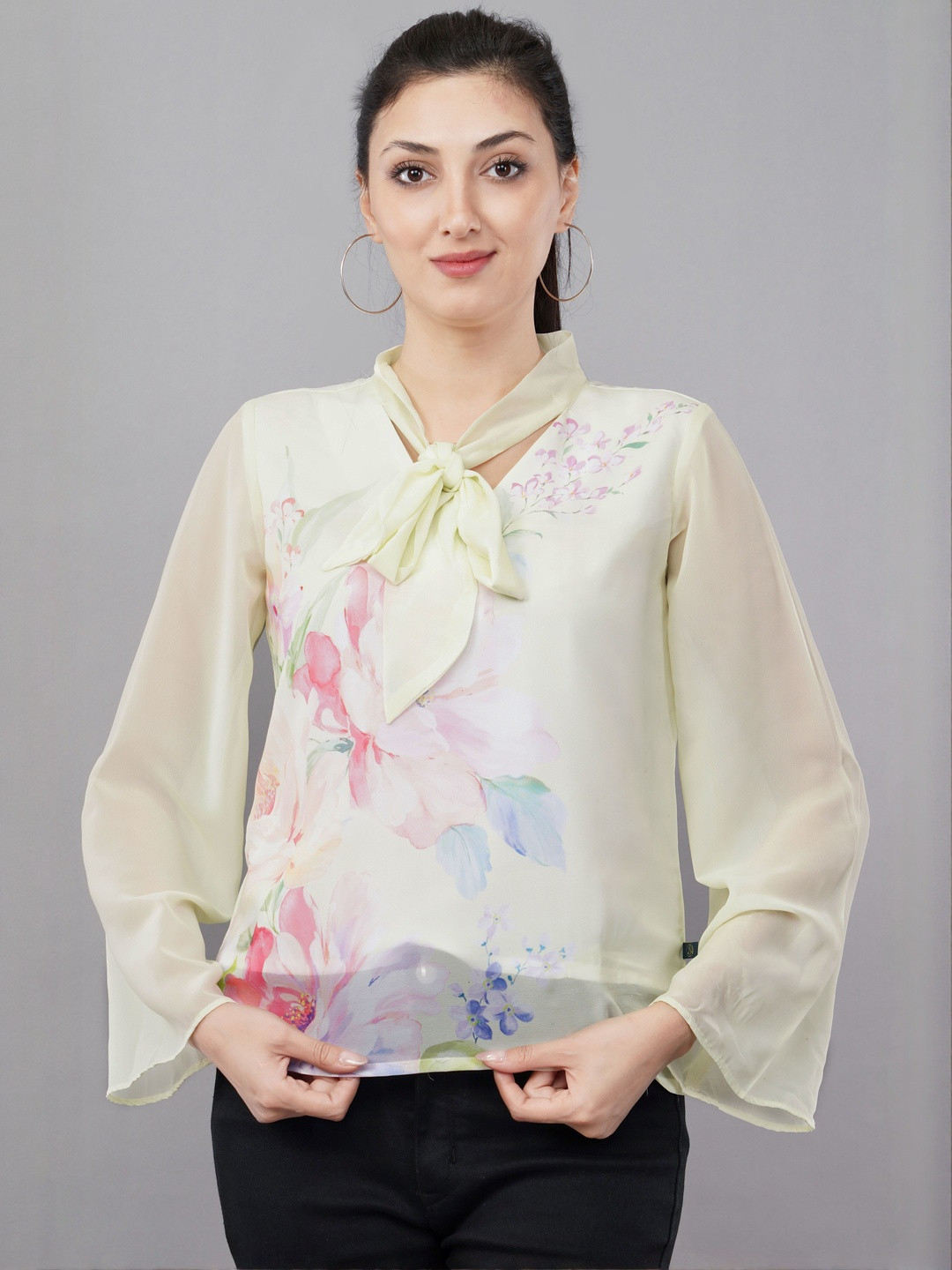 Avaasa Buy Shruthi Floral Print Tie-Up Neck Bell Sleeve Georgette Top